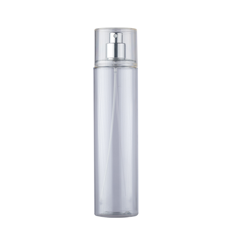 Flacone spray in plastica trasparente con pompa a crimpare e tappo superiore